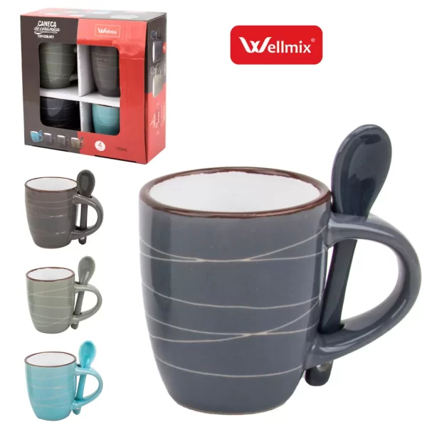 Kit de Canecas Decorativas com Colher de Cerâmica - 100ml (Conjunto com 4 Peças)