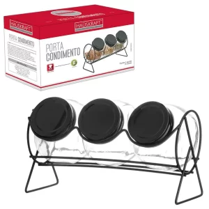 Porta-Condimentos Hauskraft com Suporte Aramado - 3 Potes de Vidro