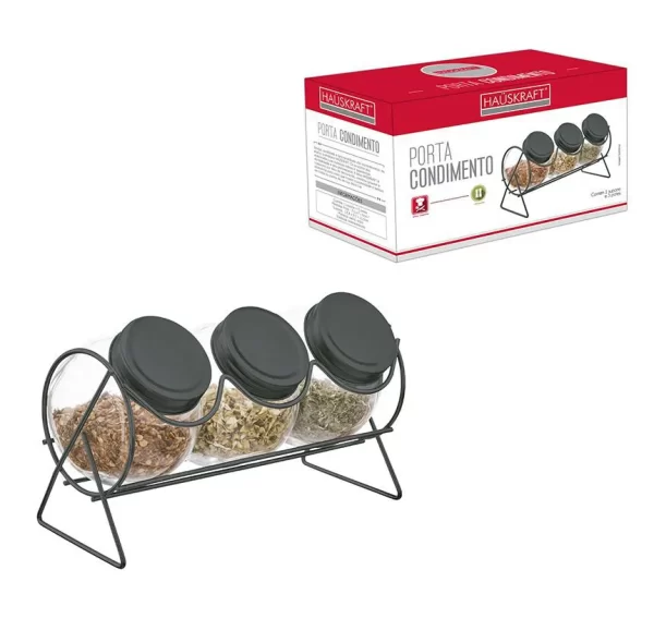 Porta-Condimentos Hauskraft com Suporte Aramado - 3 Potes de Vidro - Image 3